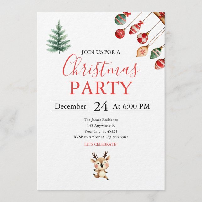 Christmas Balls and Cheerful Baby Reindeer Invitation (Front)
