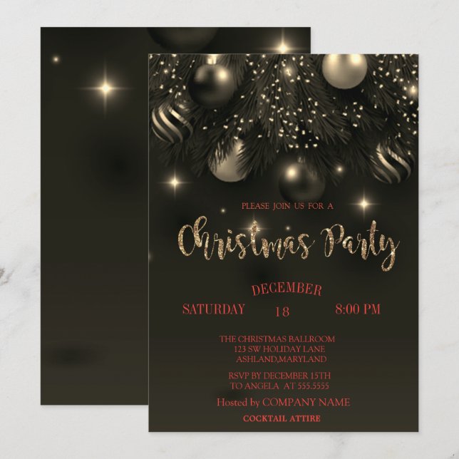  Christmas Balls Black Christmas Company Party   Invitation (Front/Back)