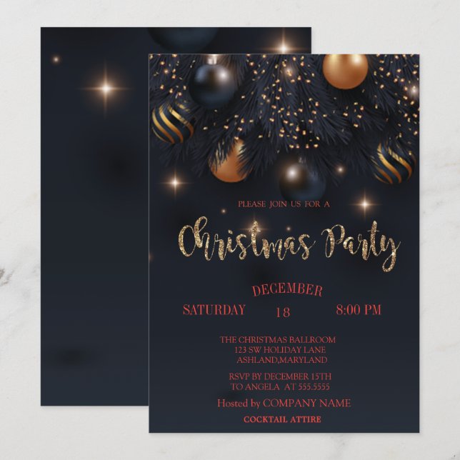  Christmas Balls Black Company Party   Invitation (Front/Back)