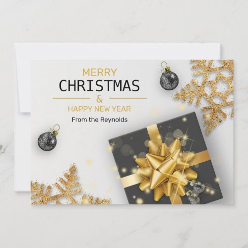 Christmas Balls Black Gift Box Gold Snowflakes Holiday Card