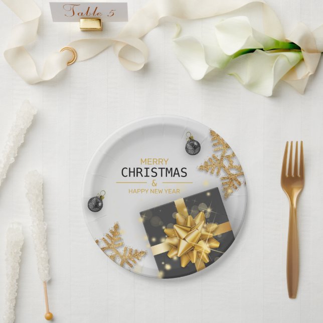 Christmas Balls Black Gift Box Gold Snowflakes Paper Plates (Wedding)