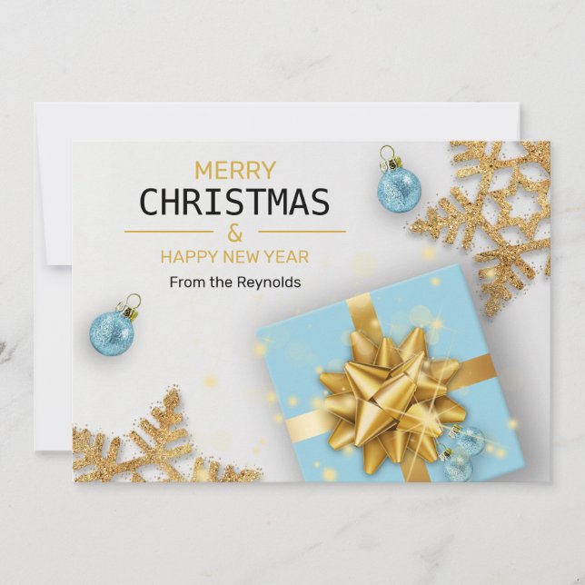 Christmas Balls Blue Gift Box Gold Snowflakes Holiday Card (Front)