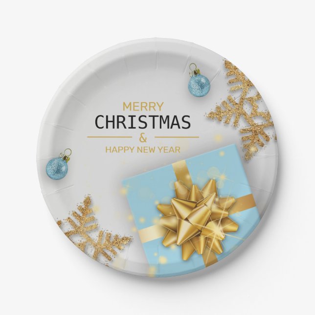Christmas Balls Blue Gift Box Gold Snowflakes Paper Plates (Front)