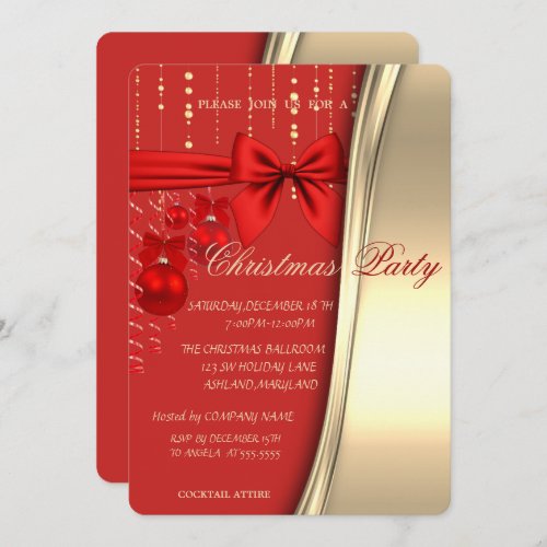 Christmas BallsBow Red  Gold Corporated Party Invitation