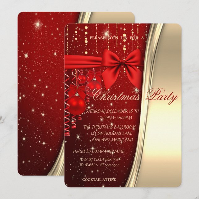 Christmas Balls,Bow, Red , Gold Corporated Party Invitation (Front/Back)