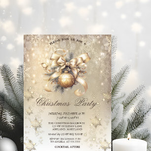 Christmas Balls Bow Snowflakes Gold Invitation