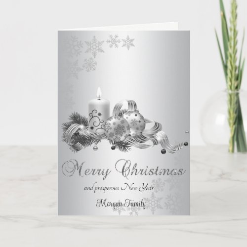  Christmas BallSCandle Bow Snowflakes Silver Holiday Card