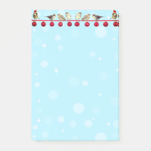 Christmas balls & carol birds on sky blue post-it notes