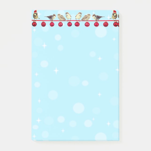 Christmas balls & carol birds on sky blue post-it notes (Front)