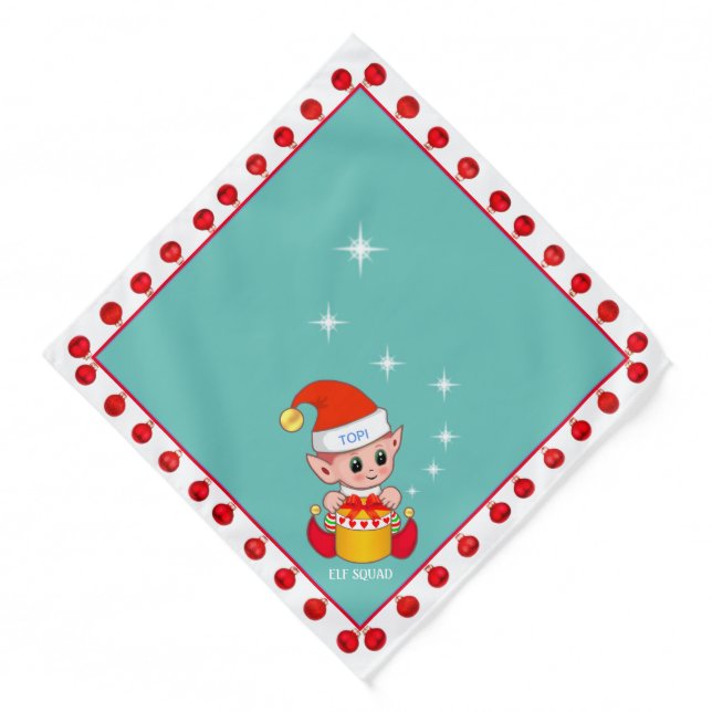 Christmas Balls, Cute Elf and Stars on Light Blue Bandana (Front)
