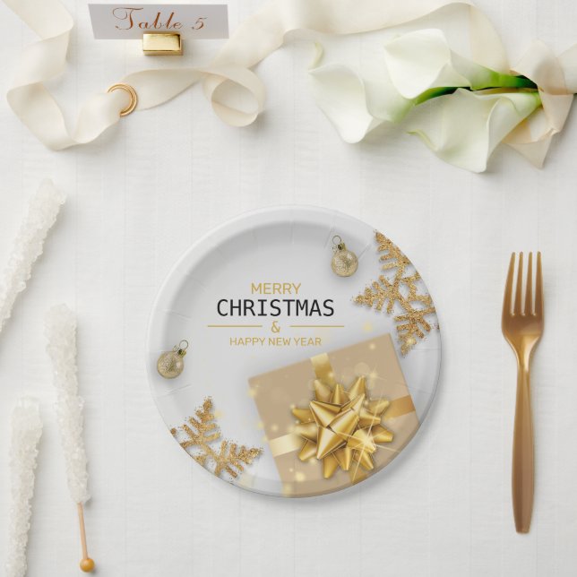 Christmas Balls Gold Gift Box Gold Snowflakes Paper Plates (Wedding)