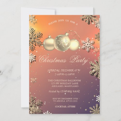 Christmas Balls Gold Snowflakes Company Party Invitation