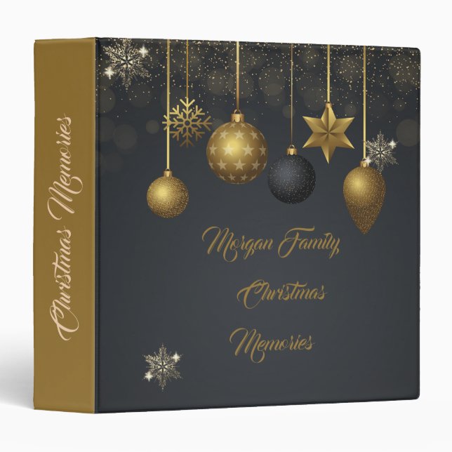  Christmas Balls Gold Snowflakes Dark 3 Ring Binder (Front/Spine)