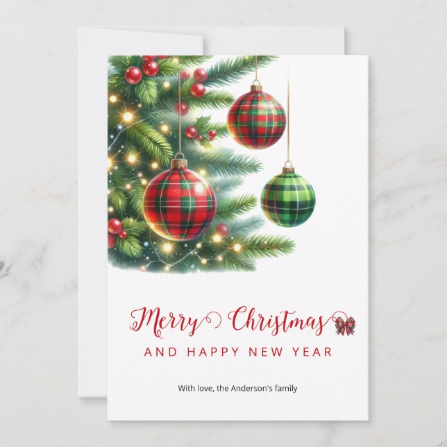 Christmas Balls Green & Red Plaid Holiday Card (Front)