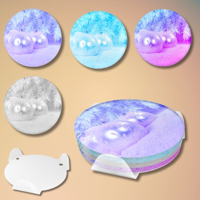 Christmas Balls on Snow with Blue Variations Coaster Set (Christmas Balls on Snow with Blue Variations Coaster Set)