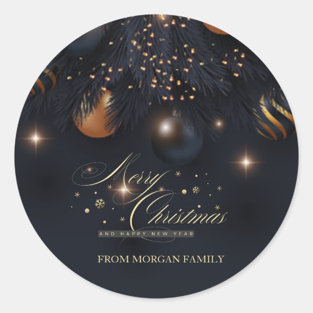 Christmas Balls Pine Tree Branches Black Classic Round Sticker (Front)