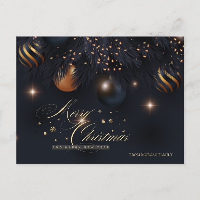 Christmas Balls Pine Tree Branches Black Holiday Postcard (Front)