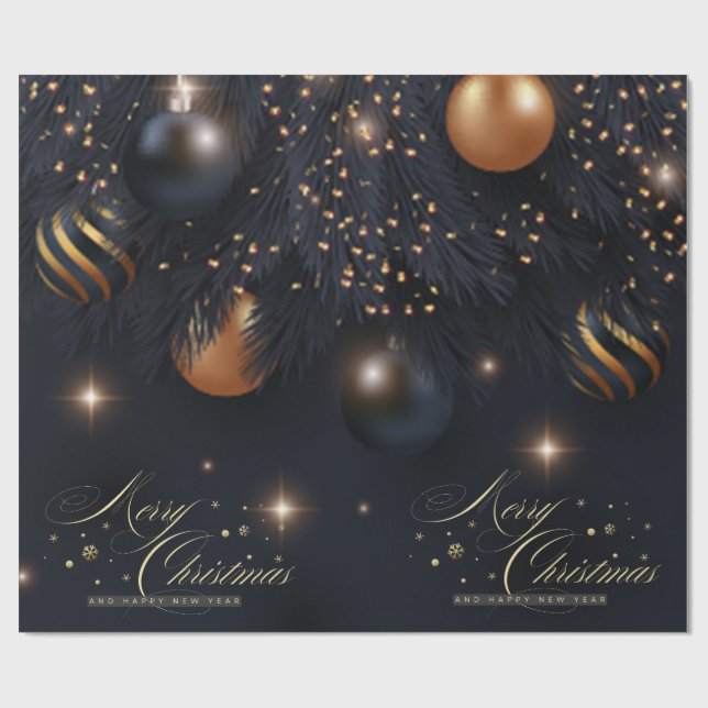 Christmas Balls Pine Tree Branches Black Wrapping Paper (Flat)