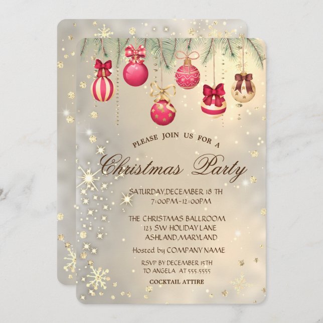 Christmas Balls,Pine Tree Branches Gold Christmas  Invitation (Front/Back)