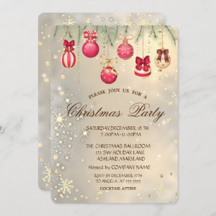 Christmas Balls,Pine Tree Branches Gold Christmas Invitation