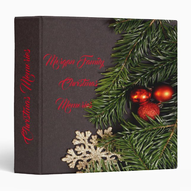 Christmas Balls,Pine Tree Branches, Gold Snowflake 3 Ring Binder (Front/Spine)