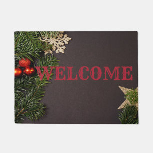 Christmas Balls, Pine Tree Branches ,Welcome Doormat
