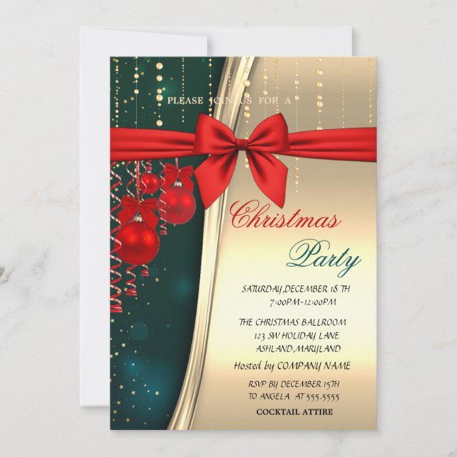 Christmas Balls,Red,Bow,Green Corporated Party Invitation (Front)