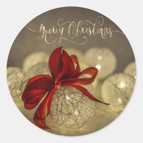 Christmas Balls Red Bow String Lights Classic Round Sticker