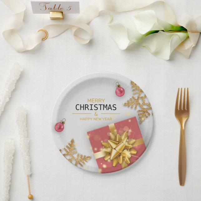 Christmas Balls Red Gift Box Gold Snowflakes Paper Plates (Wedding)