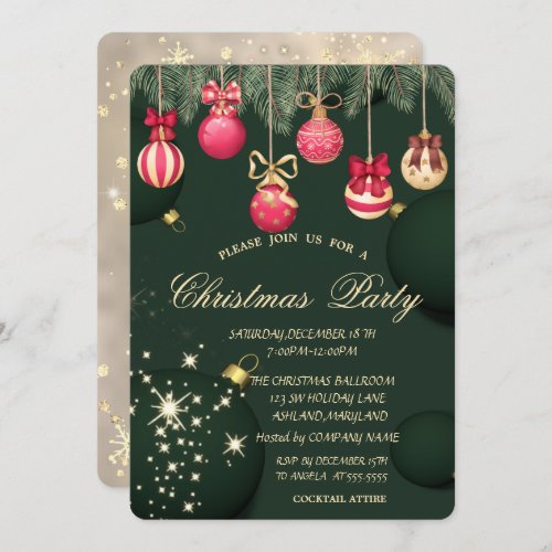 Christmas Balls Snowflakes Green Christmas  Invitation