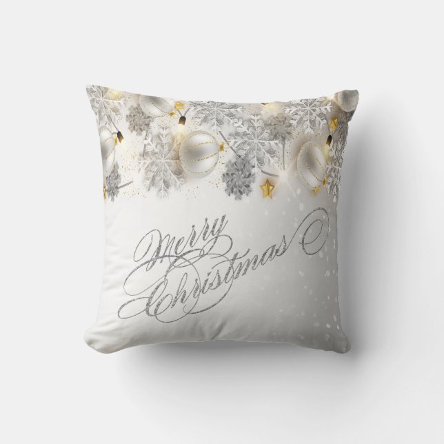 Christmas Balls,Snowflakes,Lights, Merry Christmas Throw Pillow (Front)