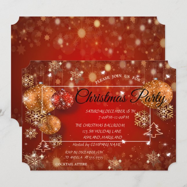 Christmas Balls, Snowflakes, Red Corporate Party Invitation (Front/Back)