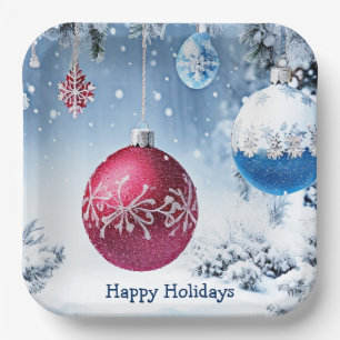 Christmas Balls Snowy Holiday Paper Plate