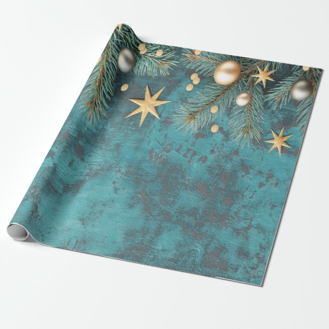 Christmas Balls Stars Branches Vintage  Wrapping Paper (Unrolled)