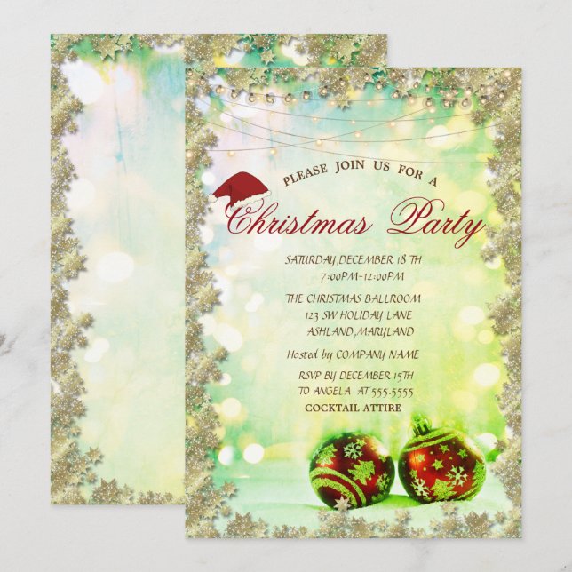  Christmas Balls,Stars Green Bokeh Company Party Invitation (Front/Back)