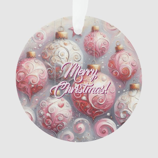 Christmas Balls Whimsical Swirls Pink White Gray Ornament (Front)