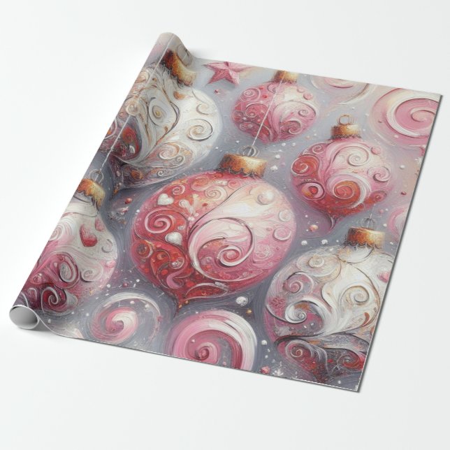 Christmas Balls Whimsical Swirls Pink White Gray Wrapping Paper (Unrolled)