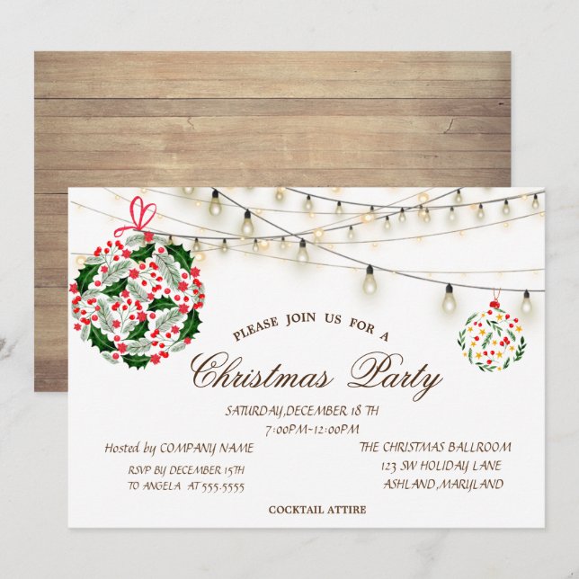 Christmas Balls,Wood,String Lights Christmas  Invitation (Front/Back)