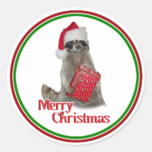 Christmas Bandit Raccoon with Present Classic Round Sticker