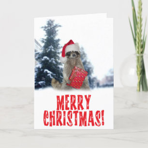 Christmas Bandit Raccoon with Present Holiday Card