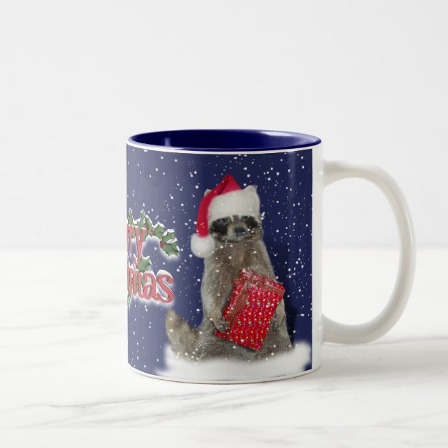 Christmas Bandit Raccoon with Present Two-Tone Coffee Mug (Right)