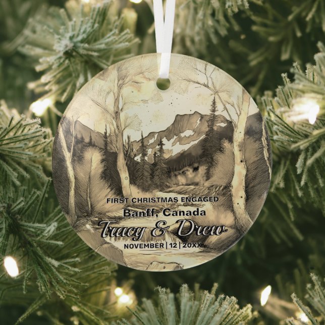 Christmas Banff Canada Maximalist Engaged Couple Glass Ornament (Insitu)