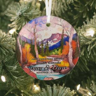 Christmas Banff Canada Maximalist Married Couple Glass Ornament