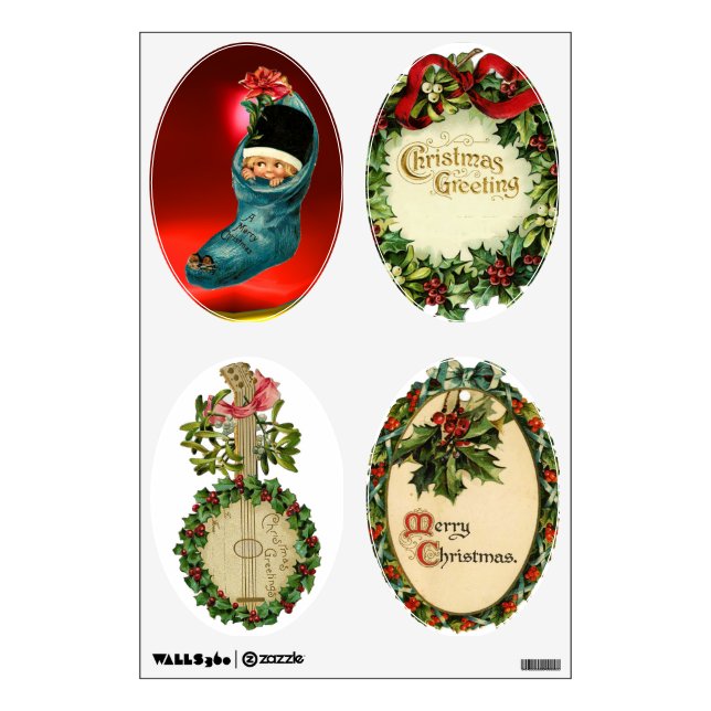 CHRISTMAS BANJO, CROWNS, MISTLETOES ,HOLLY BERRIES WALL DECAL (Front)