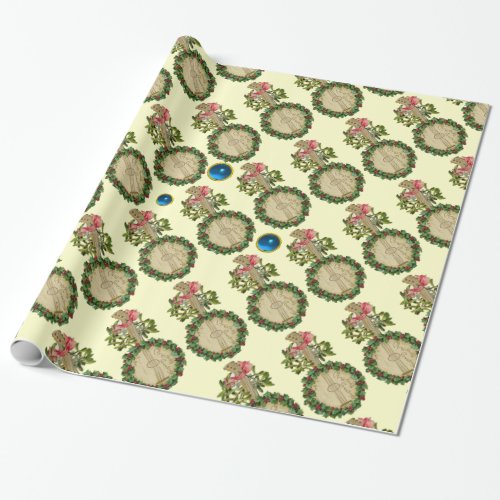 CHRISTMAS BANJOMISTLETOESHOLLY BERRIESBLUE GEMS WRAPPING PAPER