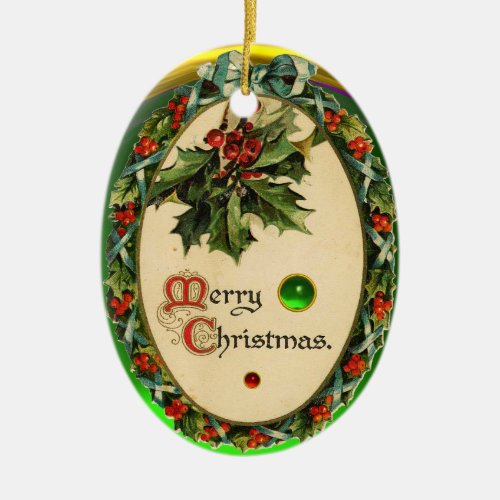 CHRISTMAS BANJO WITH MISTLETOES AND HOLLY BERRIES CERAMIC ORNAMENT