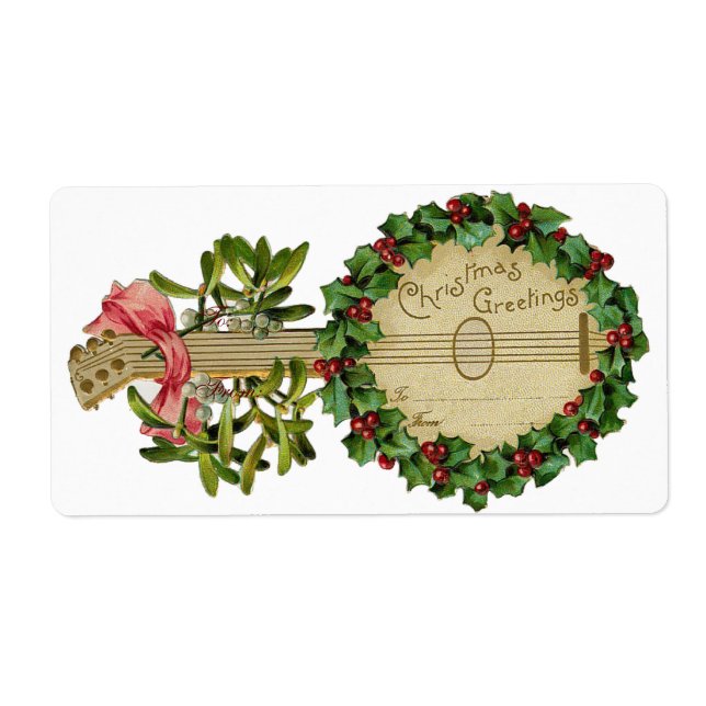 CHRISTMAS BANJO WITH MISTLETOES AND HOLLY BERRIES LABEL (Front)