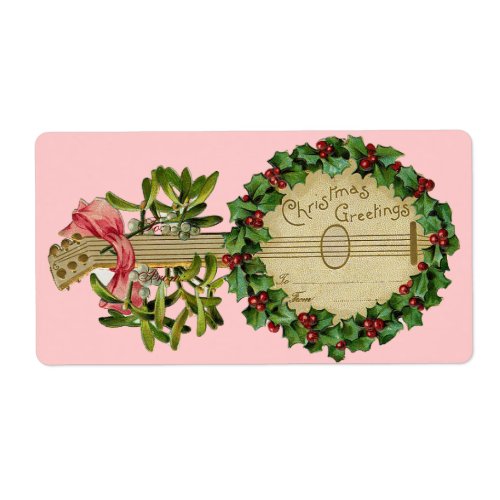 CHRISTMAS BANJO WITH MISTLETOES AND HOLLY BERRIES LABEL