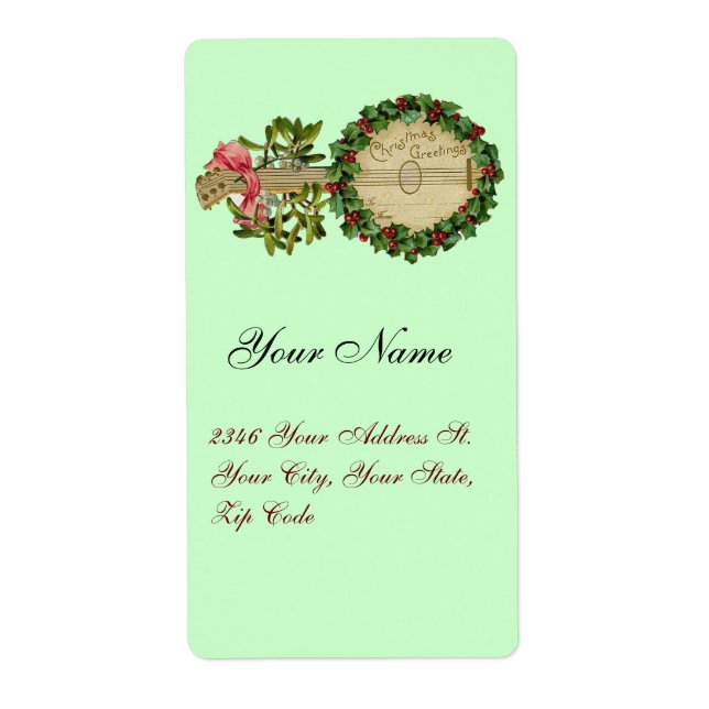 CHRISTMAS BANJO WITH MISTLETOES AND HOLLY BERRIES LABEL (Front)