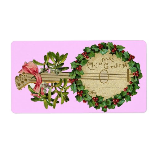 CHRISTMAS BANJO WITH MISTLETOES AND HOLLY BERRIES LABEL